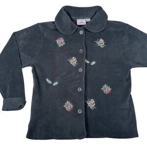 Embroidered Black Fleece Jacket Pinecone Button Up Grandma Gorpcore granola soft